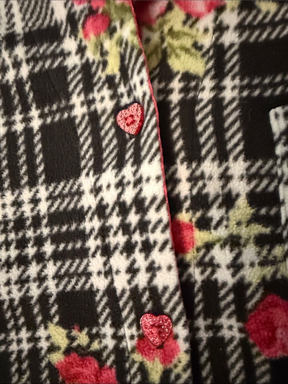 Betsey Johnson Black & White Plaid flannel Pajama Set with Pink Floral Medium - Picture 4 of 9